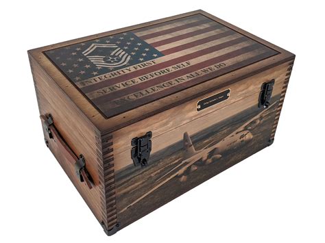 100 pound marked military wooden box with metal bracing|custom army keepsake box.